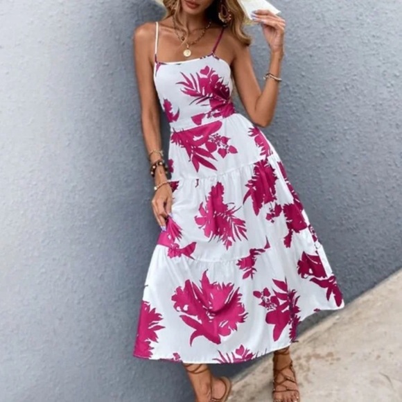 Boho Blue Floral Tropical Leaves Cut out Cami Ruffle Dress - Picture 8 of 12